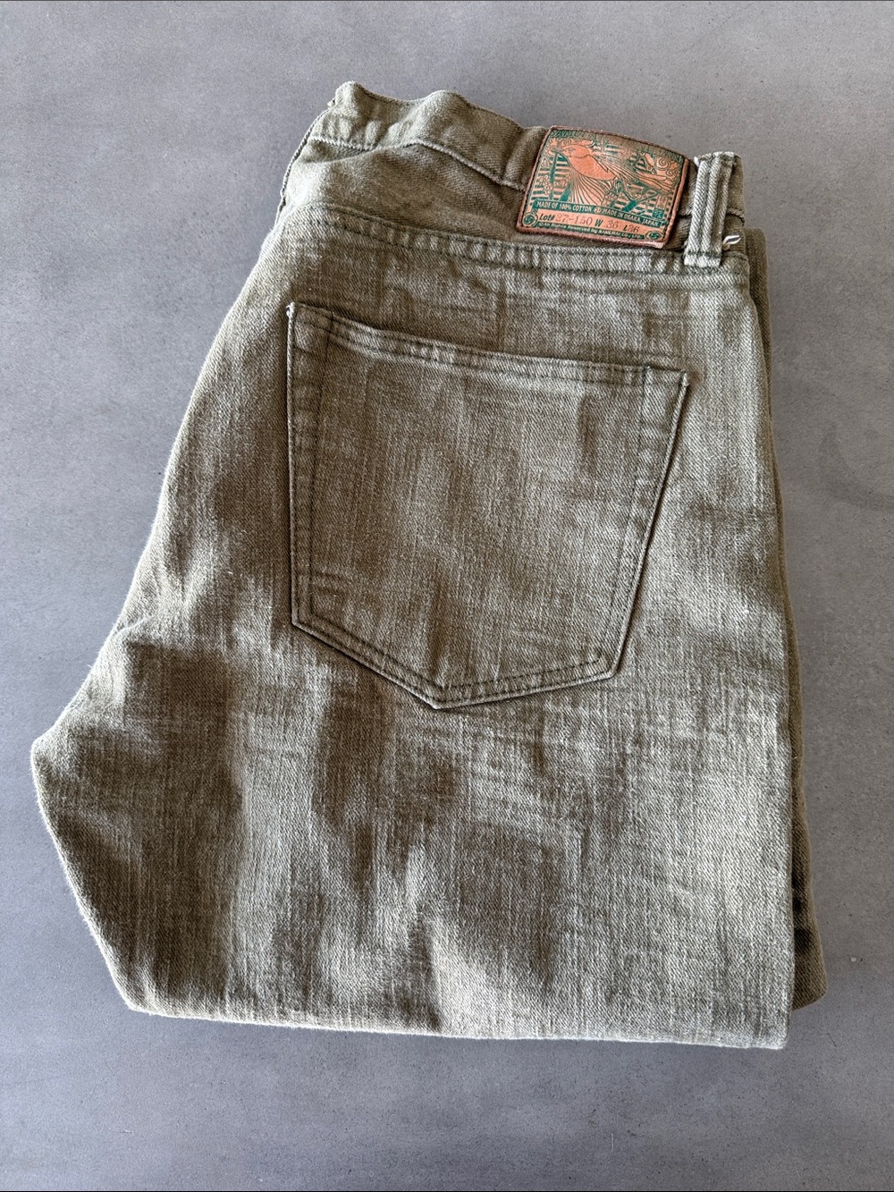 Samurai Jeans Olive Green Denim Jeans Regular Straight 36-36, 17 oz denim